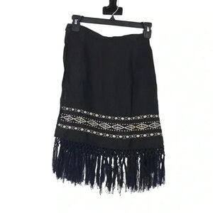 Vintage DKNY Black Linen Wrap Fringe Skirt Size S Y2K Coastal Boho Resort